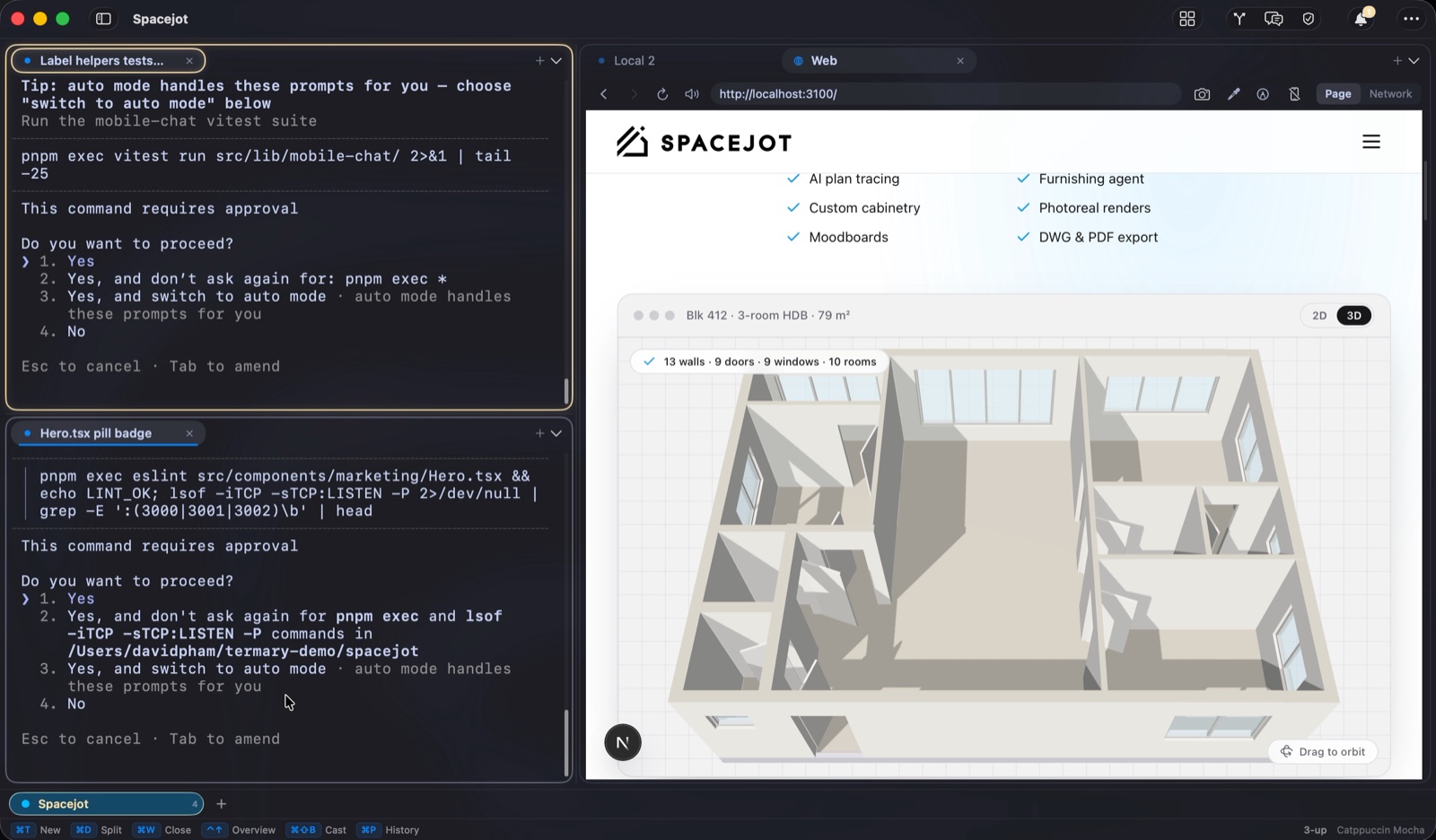 Termary on a Mac: two Claude Code agents asking for permission on the left, the Spacejot 3D app they are building in the built-in browser on the right