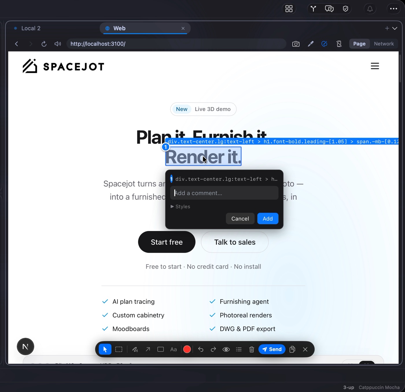 The built-in browser with the headline “Render it.” selected and a comment box open over it