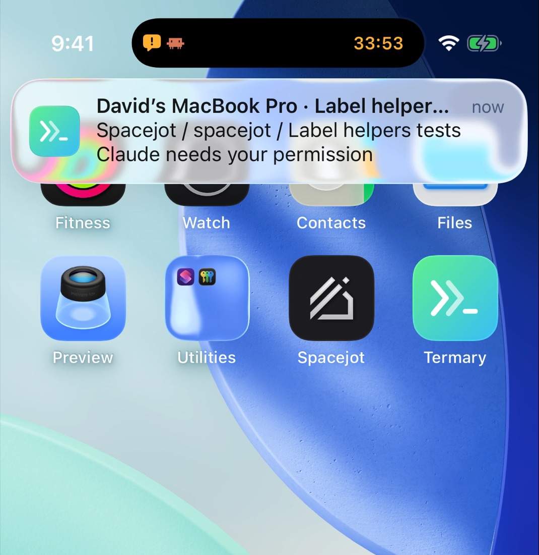 An iPhone lock screen notification: Claude needs your permission, in Spacejot