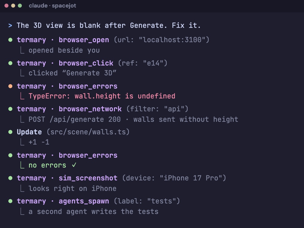 A Claude Code session calling Termary MCP tools: browser_open, browser_click, browser_errors, browser_network, sim_screenshot and agents_spawn